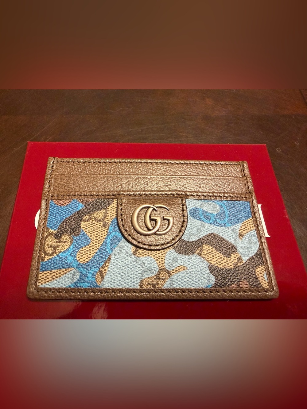 New Authentic Gucci GG Supreme Logo Card Case Wallet Brown Blue Leather - Picture 8 of 10
